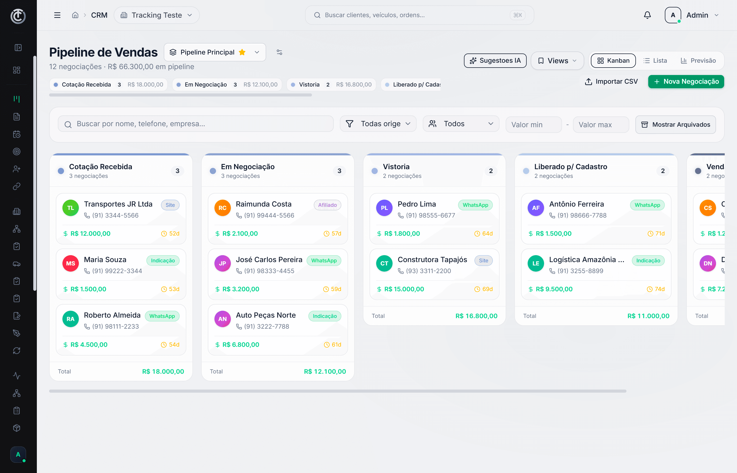 Pipeline de vendas Kanban do CoreCRM